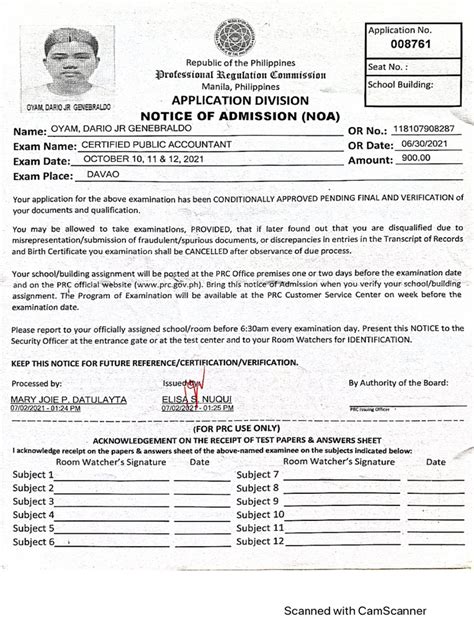 notice of admission prc